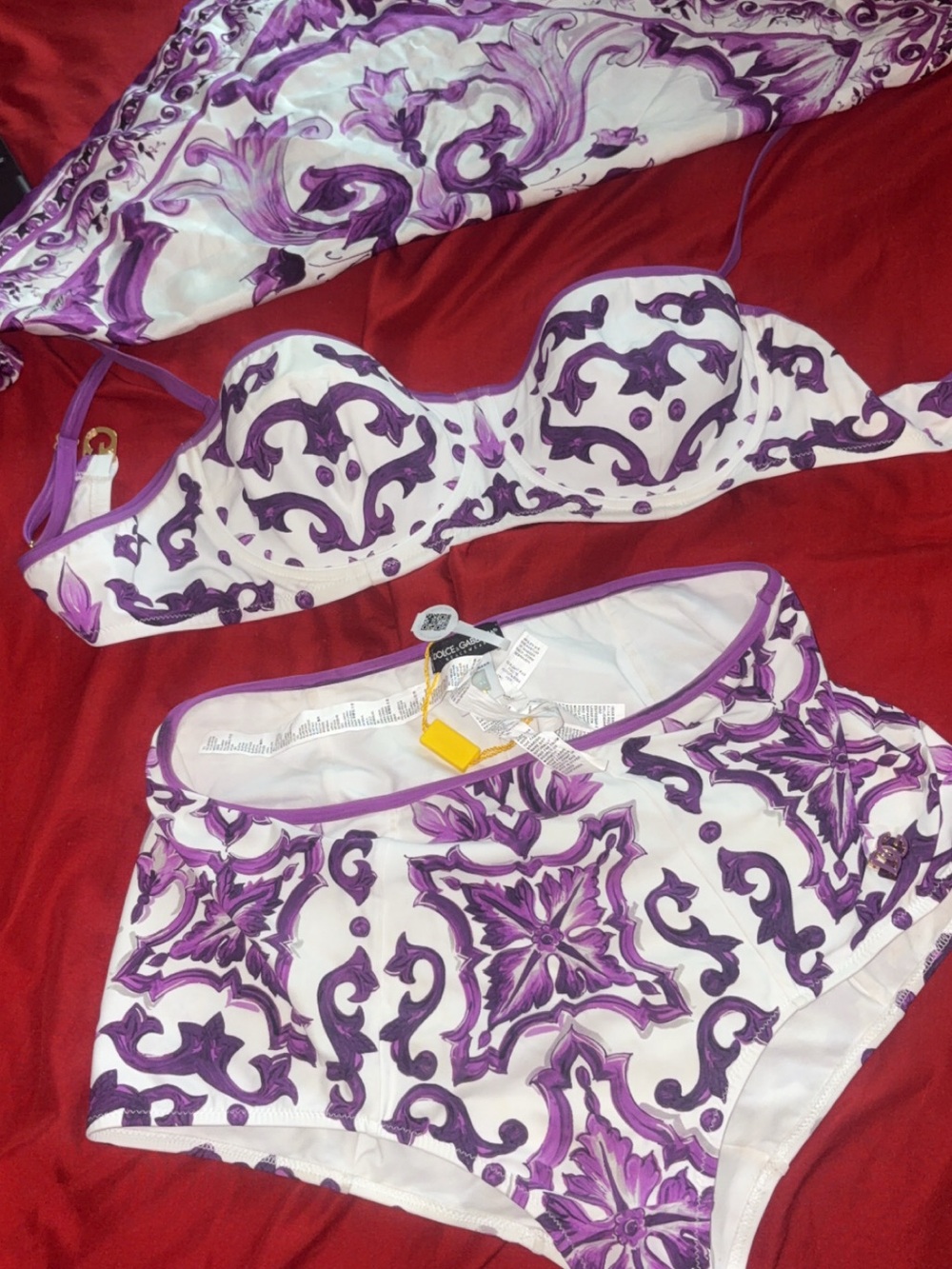 Dolce & Gabbana White and Purple Scroll Print Underwire Bikini Set